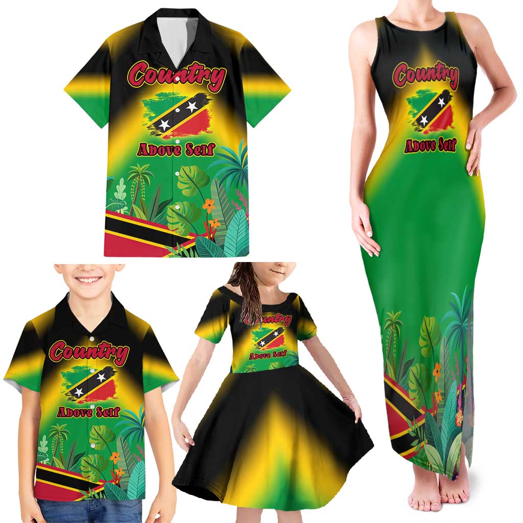 Saint Kitts and Nevis Family Matching Tank Maxi Dress and Hawaiian Shirt with Coat of Arms and Flag Pattern Design - Wonder Print Shop