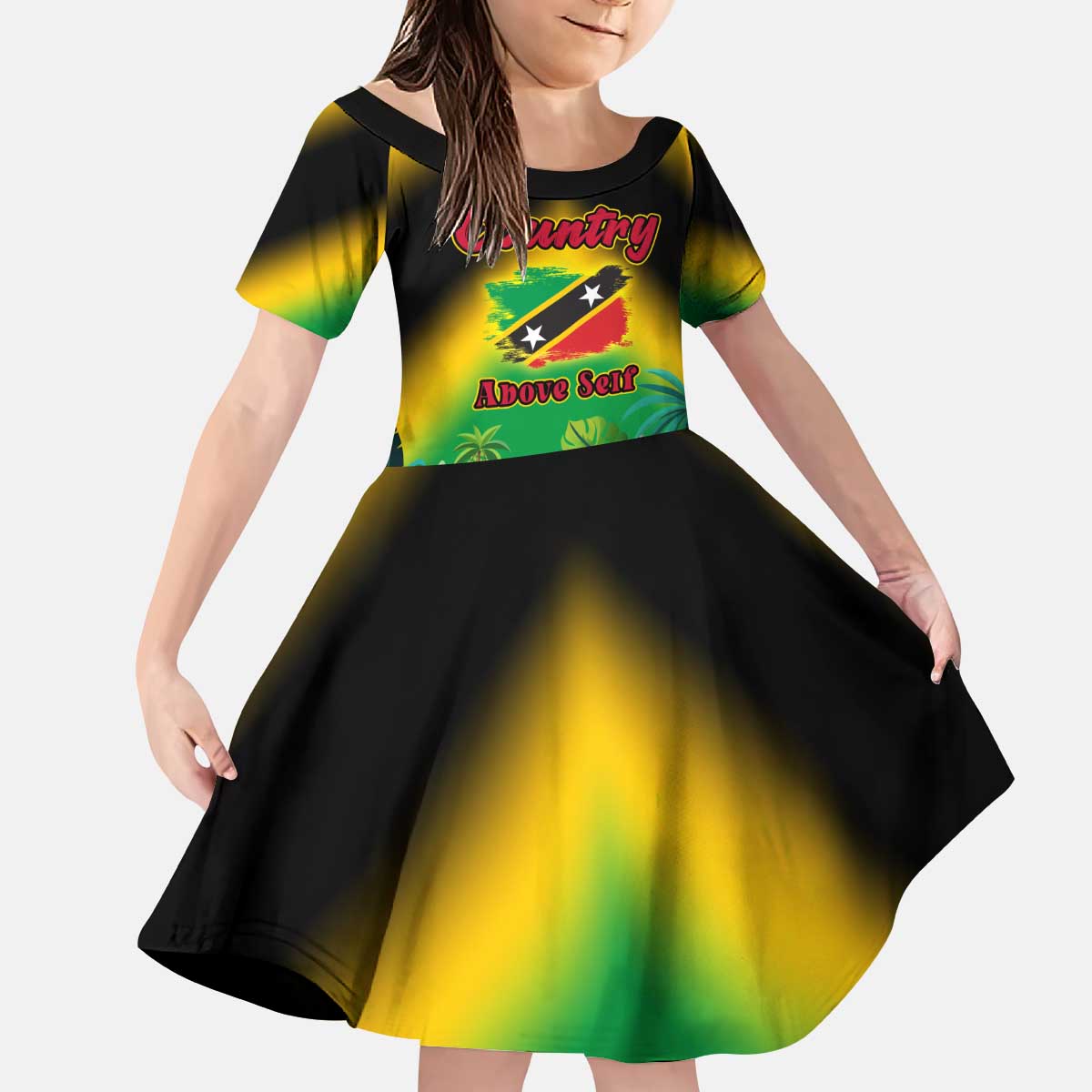 Saint Kitts and Nevis Kid Short Sleeve Dress with Coat of Arms and Flag Pattern Design - Wonder Print Shop