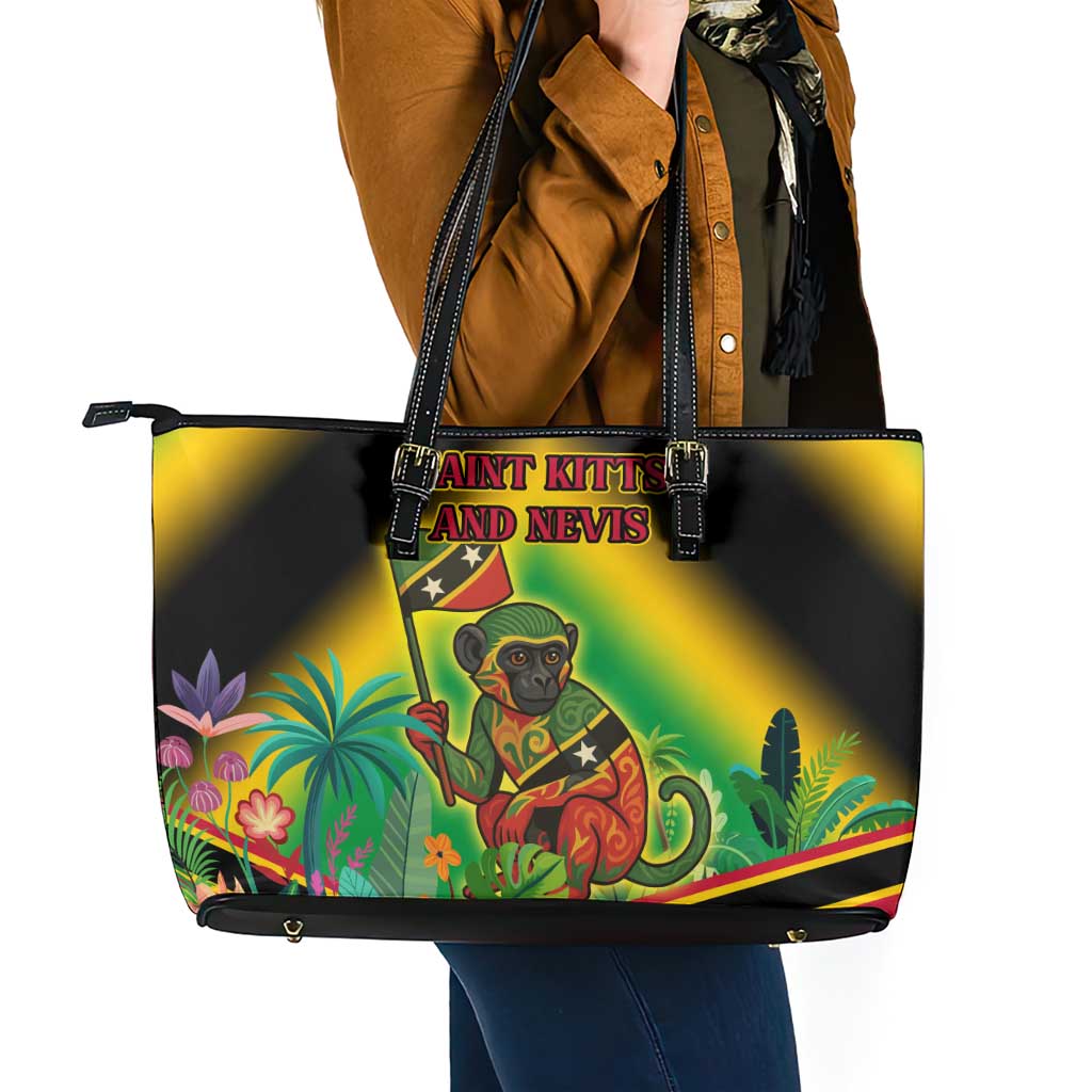 Saint Kitts and Nevis Leather Tote Bag with Coat of Arms and Flag Pattern Design - Wonder Print Shop