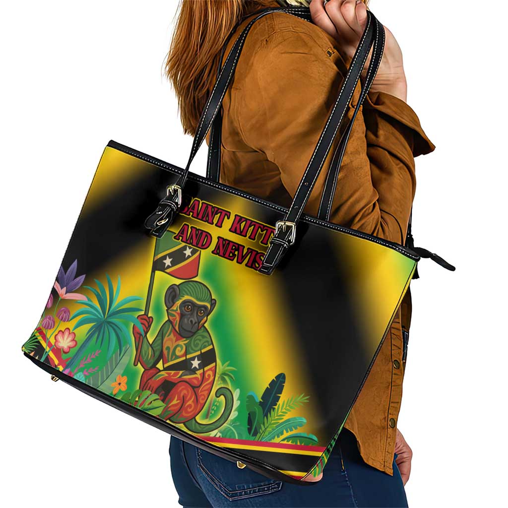 Saint Kitts and Nevis Leather Tote Bag with Coat of Arms and Flag Pattern Design - Wonder Print Shop
