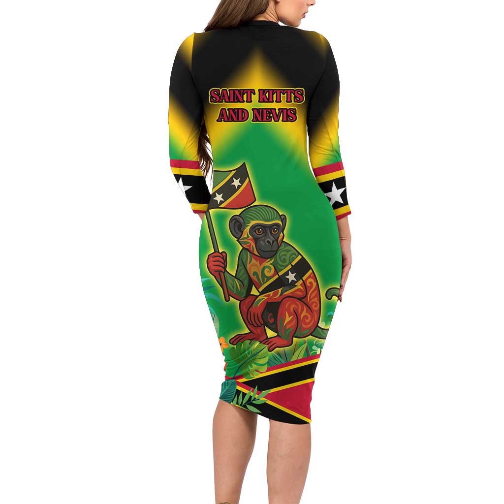 Saint Kitts and Nevis Long Sleeve Bodycon Dress with Coat of Arms and Flag Pattern Design - Wonder Print Shop