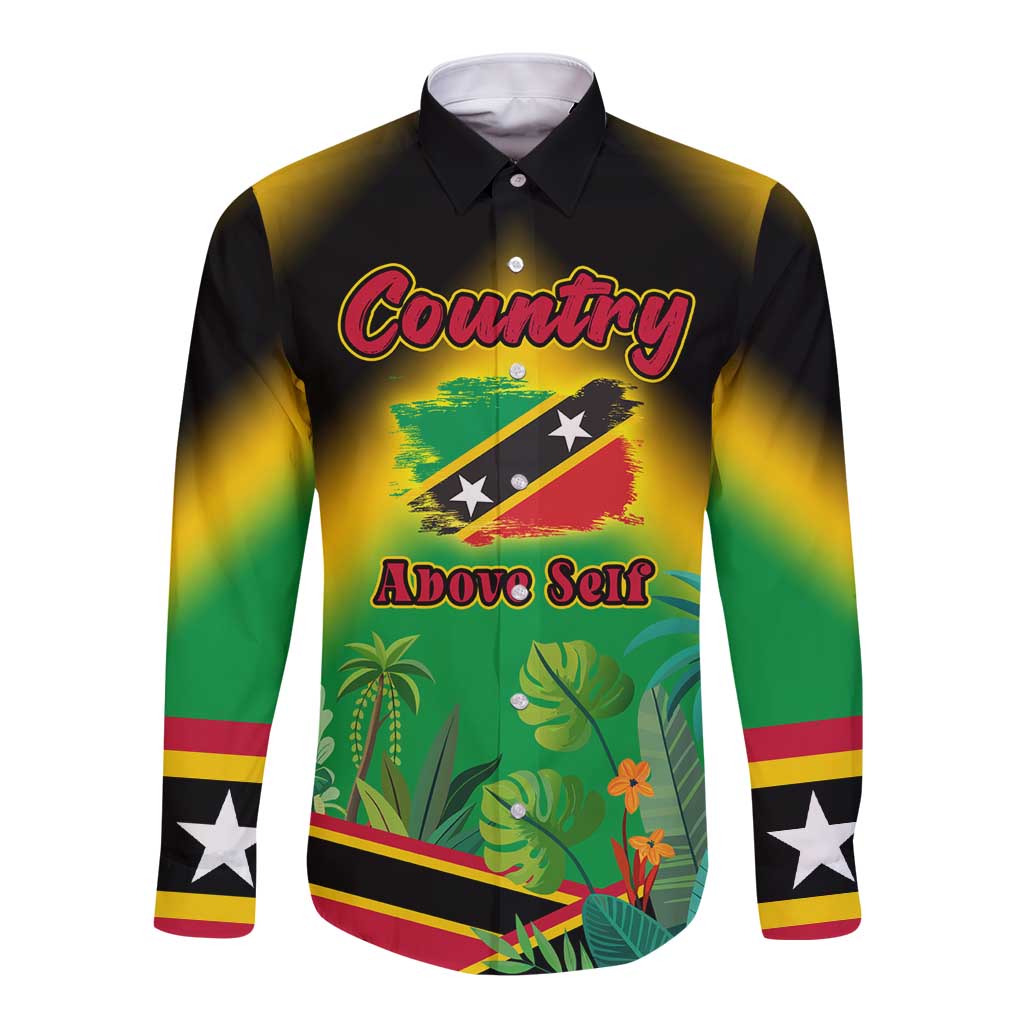 Saint Kitts and Nevis Long Sleeve Button Shirt with Coat of Arms and Flag Pattern Design - Wonder Print Shop