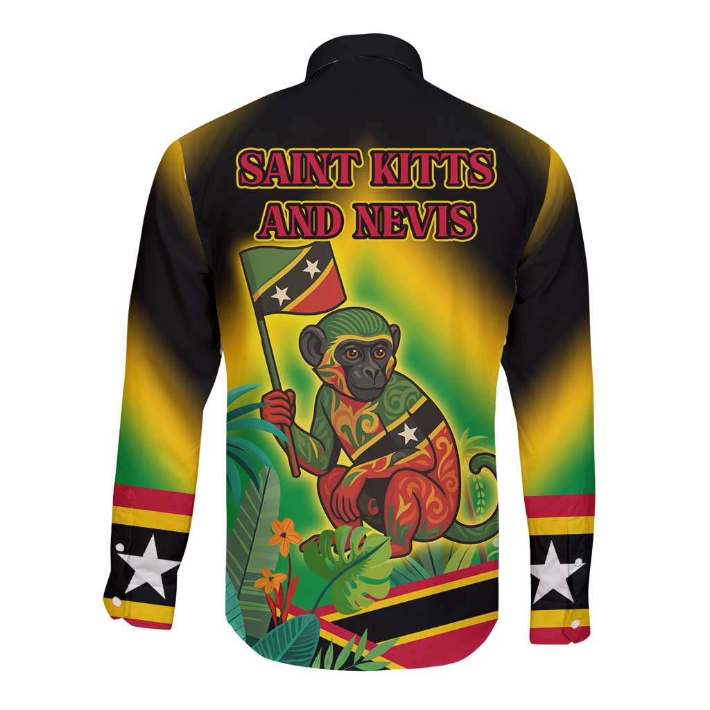Saint Kitts and Nevis Long Sleeve Button Shirt with Coat of Arms and Flag Pattern Design - Wonder Print Shop