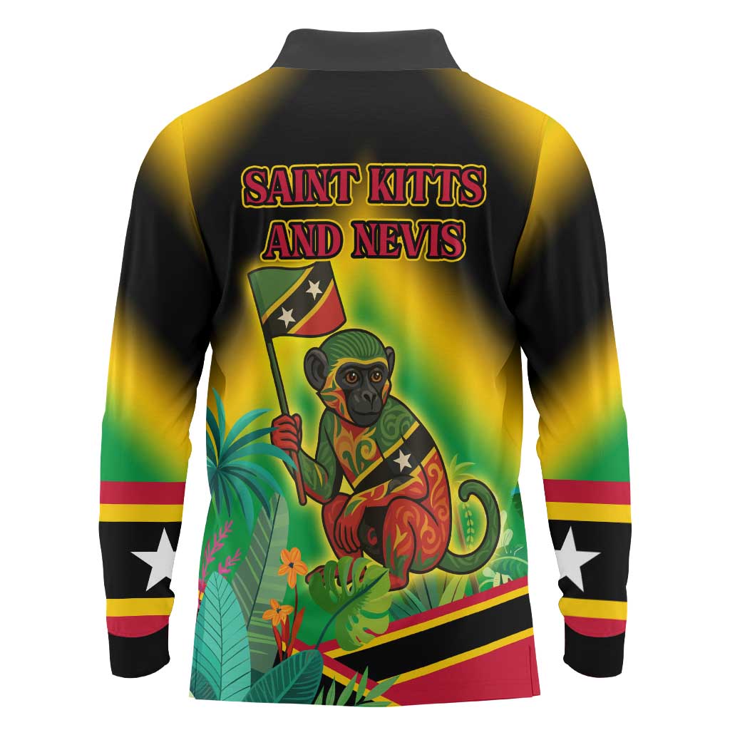 Saint Kitts and Nevis Long Sleeve Polo Shirt with Coat of Arms and Flag Pattern Design - Wonder Print Shop