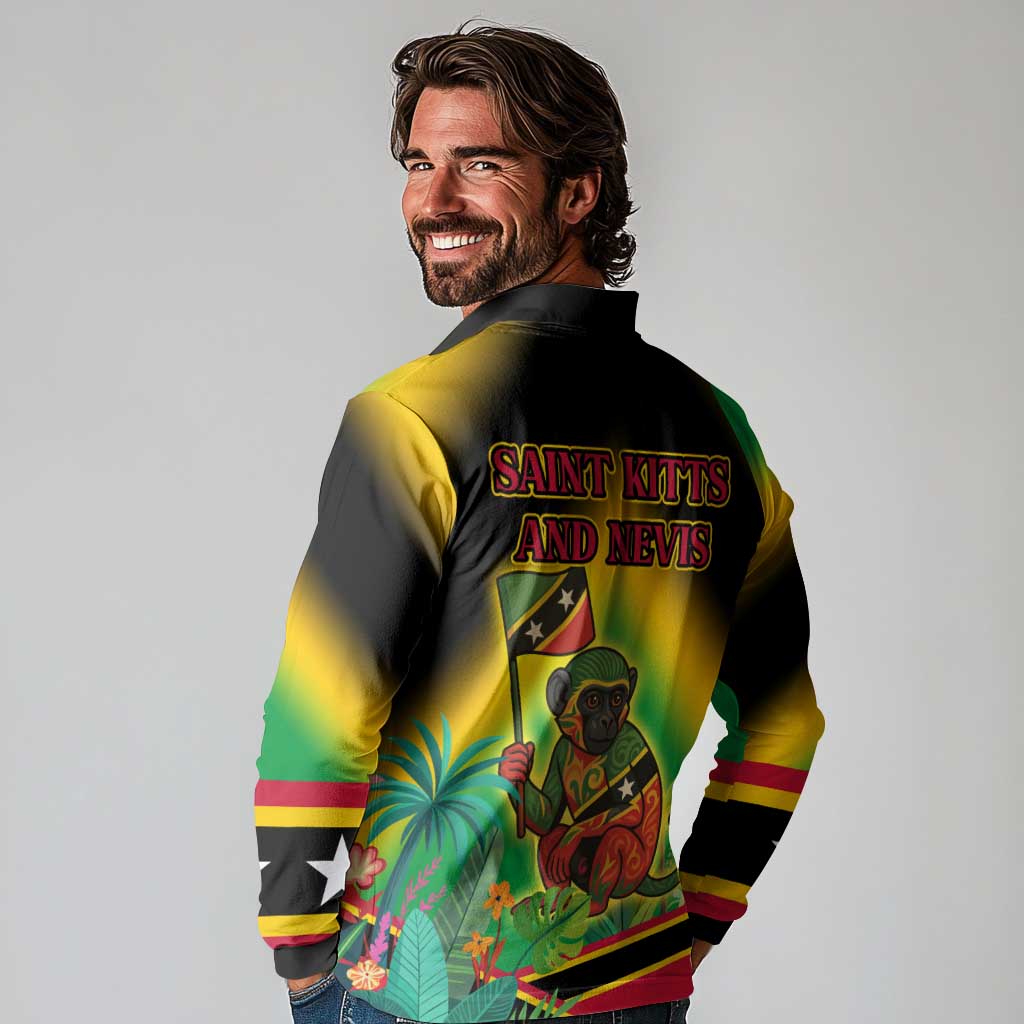 Saint Kitts and Nevis Long Sleeve Polo Shirt with Coat of Arms and Flag Pattern Design - Wonder Print Shop