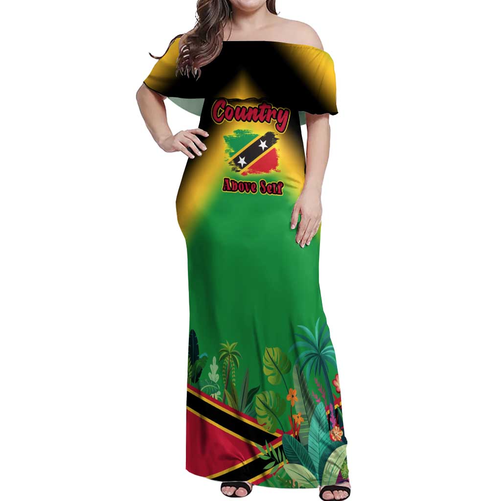 Saint Kitts and Nevis Off Shoulder Maxi Dress with Coat of Arms and Flag Pattern Design - Wonder Print Shop
