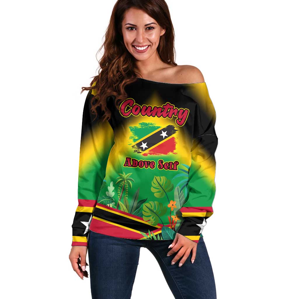 Saint Kitts and Nevis Off Shoulder Sweater with Coat of Arms and Flag Pattern Design - Wonder Print Shop