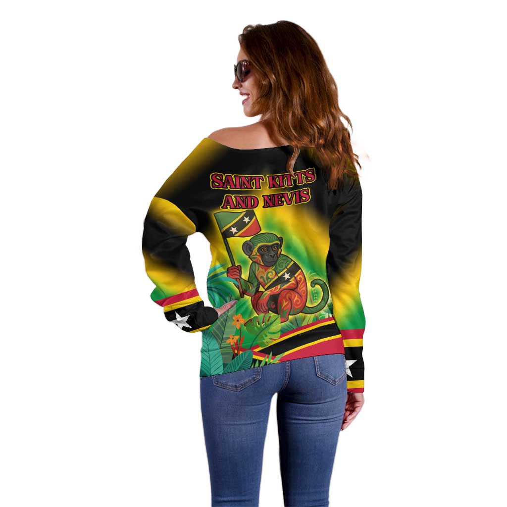 Saint Kitts and Nevis Off Shoulder Sweater with Coat of Arms and Flag Pattern Design - Wonder Print Shop