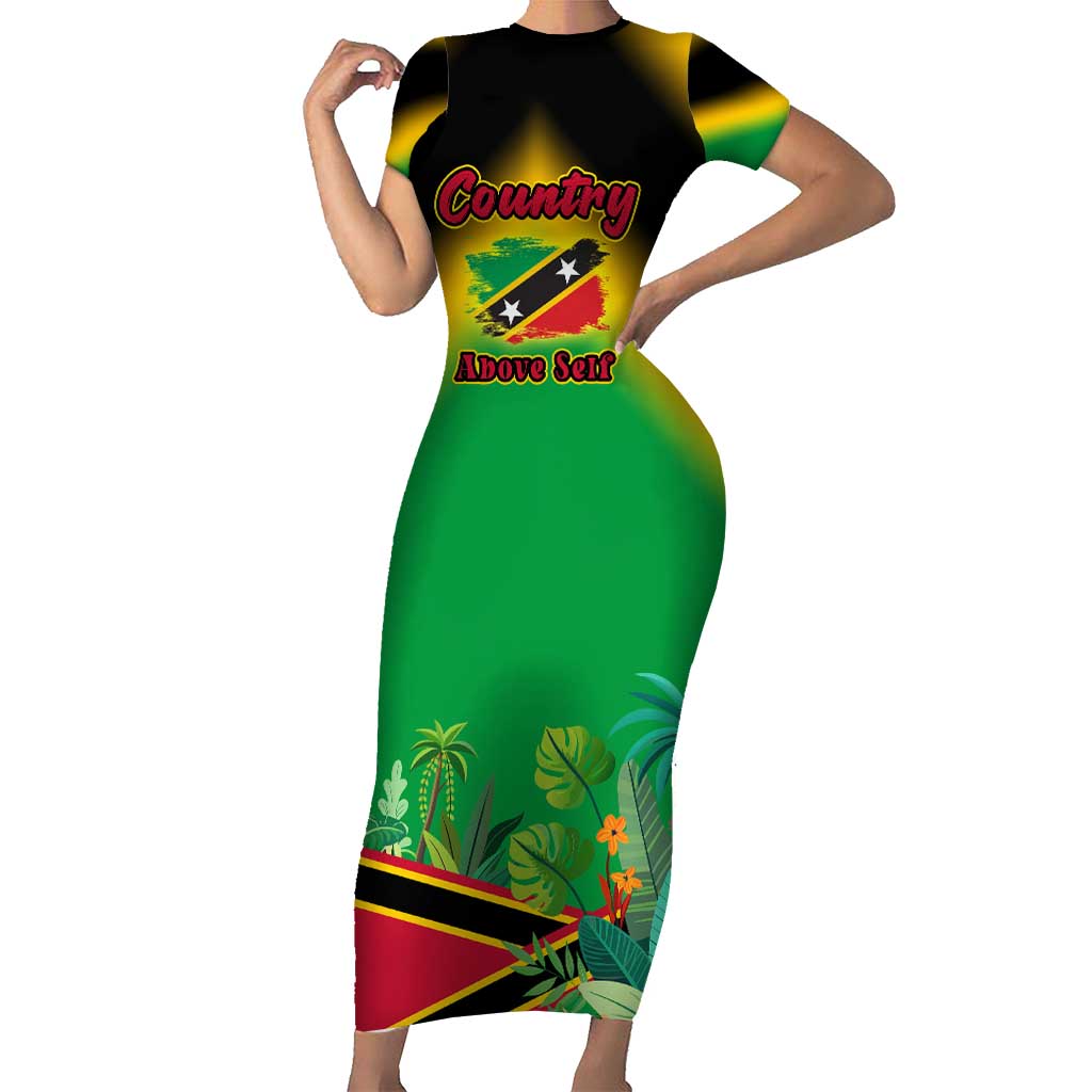Saint Kitts and Nevis Short Sleeve Bodycon Dress with Coat of Arms and Flag Pattern Design - Wonder Print Shop