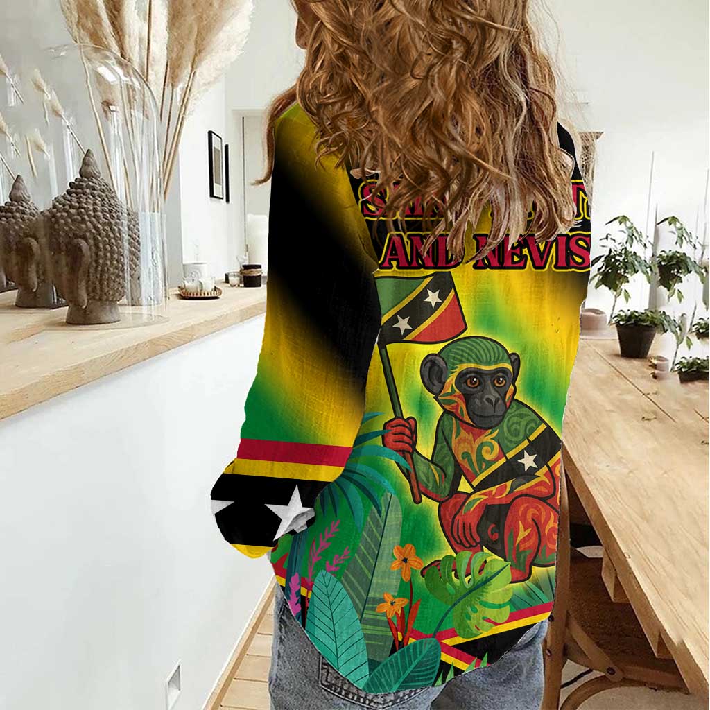Saint Kitts and Nevis Women Casual Shirt with Coat of Arms and Flag Pattern Design - Wonder Print Shop