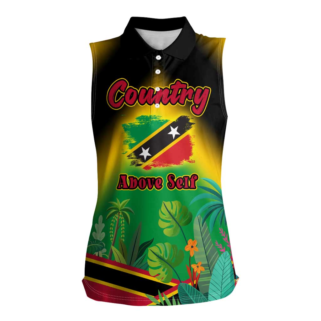 Saint Kitts and Nevis Women Sleeveless Polo Shirt with Coat of Arms and Flag Pattern Design - Wonder Print Shop
