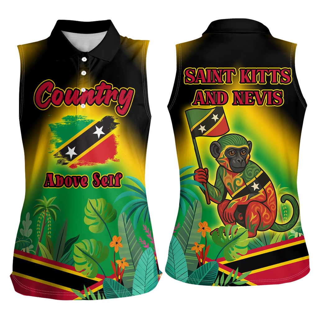 Saint Kitts and Nevis Women Sleeveless Polo Shirt with Coat of Arms and Flag Pattern Design - Wonder Print Shop