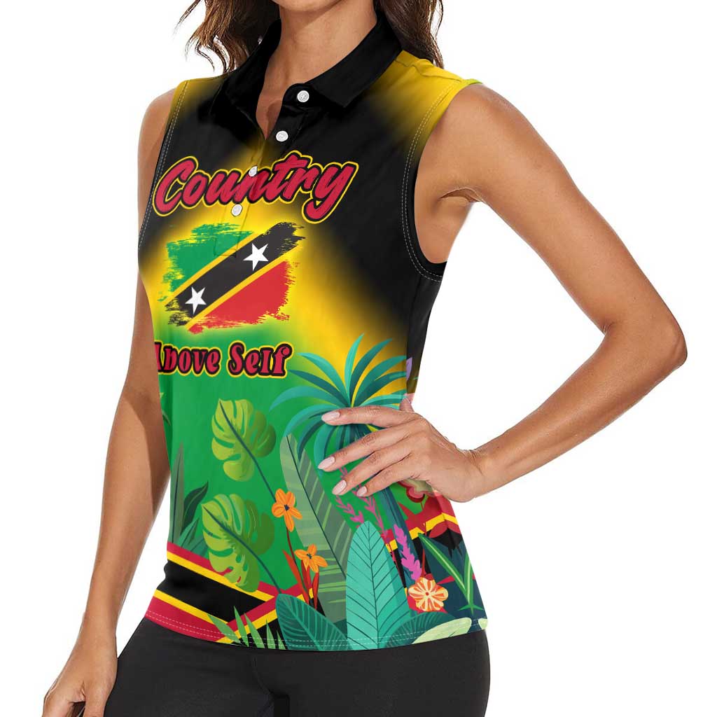 Saint Kitts and Nevis Women Sleeveless Polo Shirt with Coat of Arms and Flag Pattern Design - Wonder Print Shop