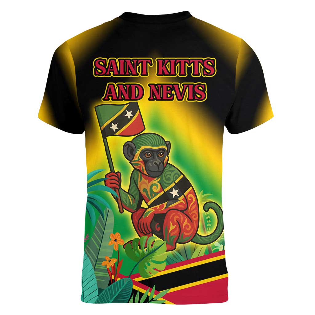 Saint Kitts and Nevis Women V-Neck T-Shirt with Coat of Arms and Flag Pattern Design - Wonder Print Shop