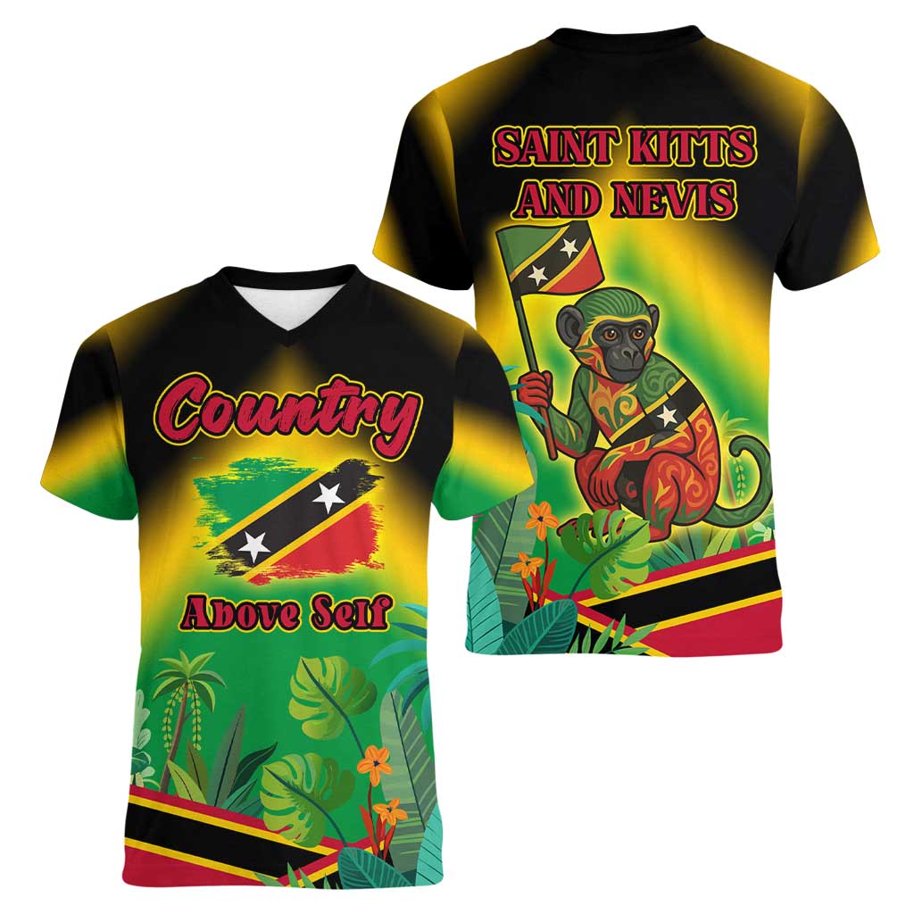 Saint Kitts and Nevis Women V-Neck T-Shirt with Coat of Arms and Flag Pattern Design - Wonder Print Shop