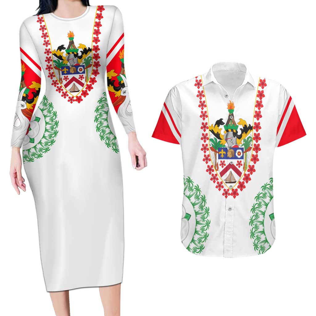 Saint Kitts and Nevis Couples Matching Long Sleeve Bodycon Dress and Hawaiian Shirt with Vibrant Flag Colors and Hibiscus Flower Design - Wonder Print Shop