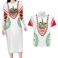 Saint Kitts and Nevis Couples Matching Long Sleeve Bodycon Dress and Hawaiian Shirt with Vibrant Flag Colors and Hibiscus Flower Design - Wonder Print Shop
