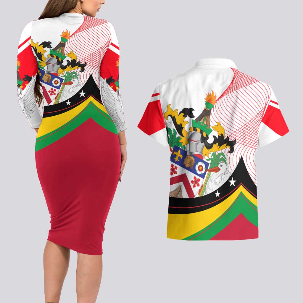 Saint Kitts and Nevis Couples Matching Long Sleeve Bodycon Dress and Hawaiian Shirt with Vibrant Flag Colors and Hibiscus Flower Design - Wonder Print Shop