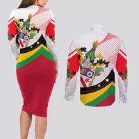 Saint Kitts and Nevis Couples Matching Long Sleeve Bodycon Dress and Long Sleeve Button Shirt with Vibrant Flag Colors and Hibiscus Flower Design - Wonder Print Shop