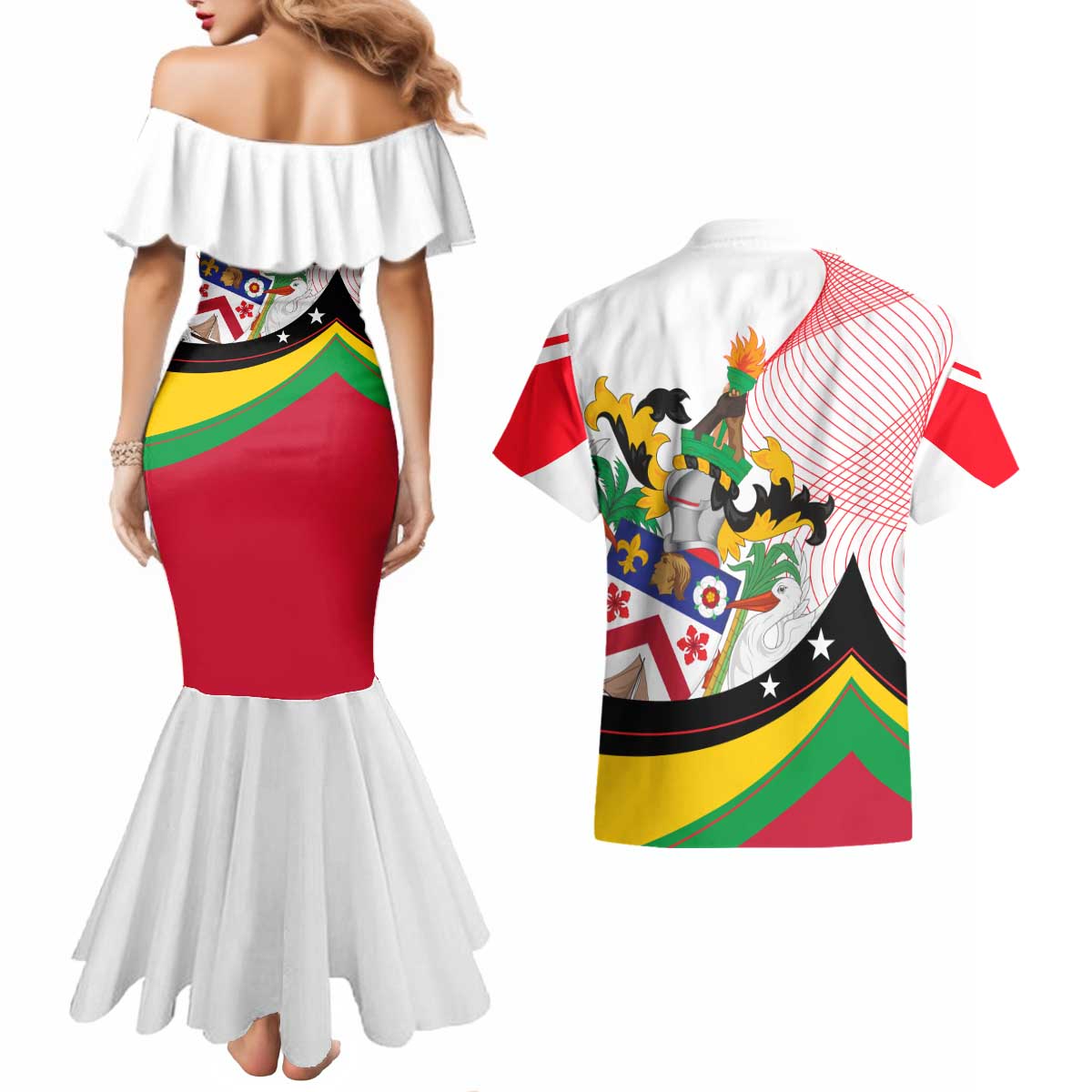 Saint Kitts and Nevis Couples Matching Mermaid Dress and Hawaiian Shirt with Vibrant Flag Colors and Hibiscus Flower Design - Wonder Print Shop