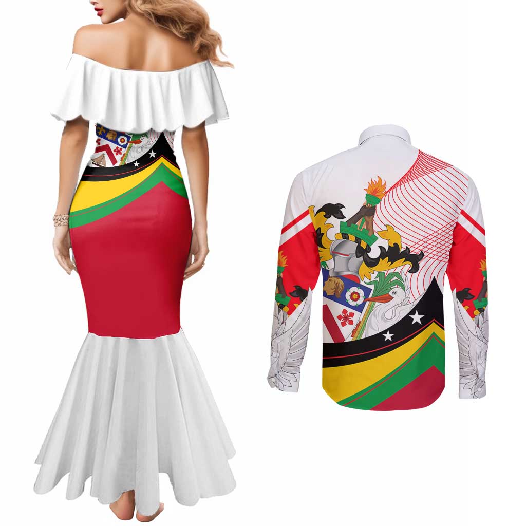 Saint Kitts and Nevis Couples Matching Mermaid Dress and Long Sleeve Button Shirt with Vibrant Flag Colors and Hibiscus Flower Design - Wonder Print Shop