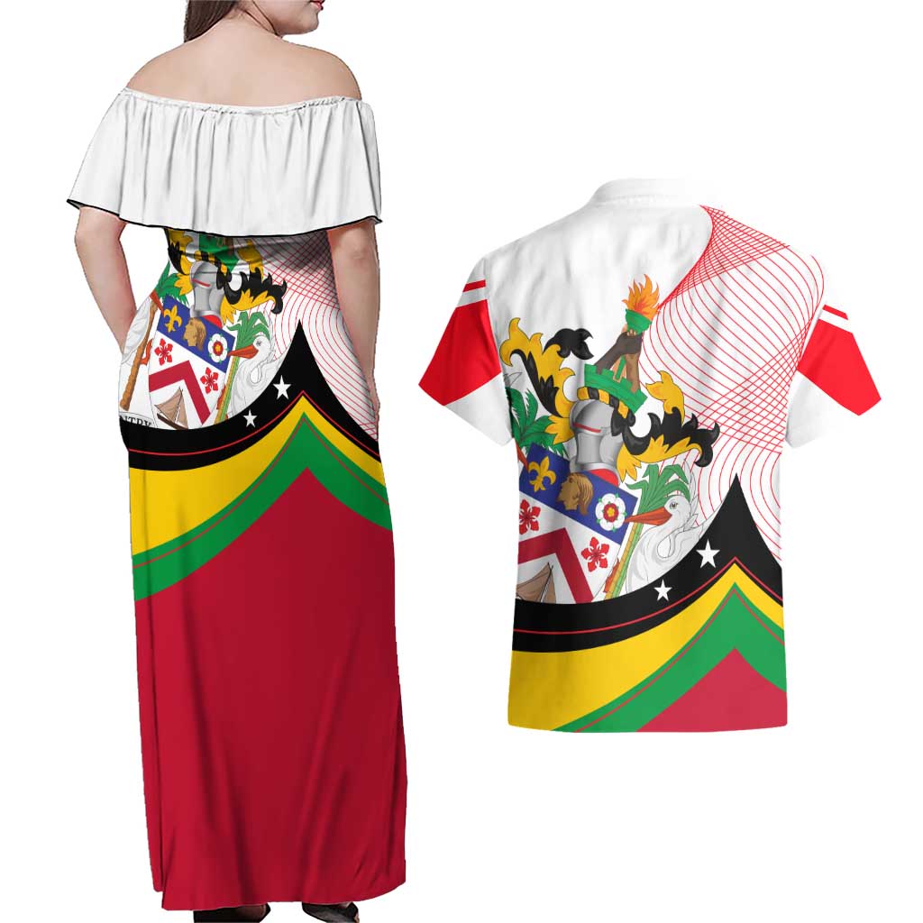 Saint Kitts and Nevis Couples Matching Off Shoulder Maxi Dress and Hawaiian Shirt with Vibrant Flag Colors and Hibiscus Flower Design - Wonder Print Shop