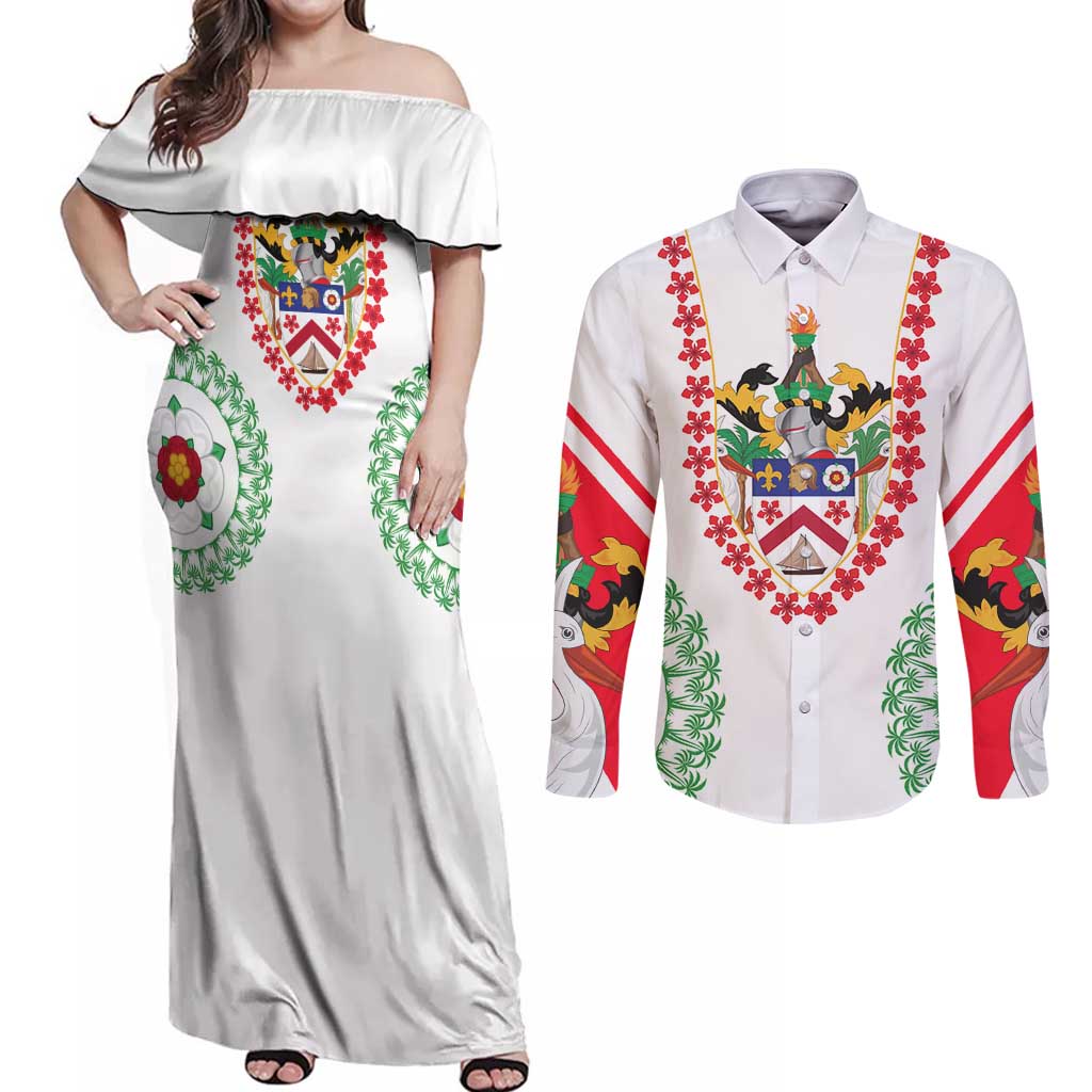 Saint Kitts and Nevis Couples Matching Off Shoulder Maxi Dress and Long Sleeve Button Shirt with Vibrant Flag Colors and Hibiscus Flower Design - Wonder Print Shop