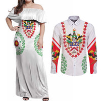 Saint Kitts and Nevis Couples Matching Off Shoulder Maxi Dress and Long Sleeve Button Shirt with Vibrant Flag Colors and Hibiscus Flower Design - Wonder Print Shop