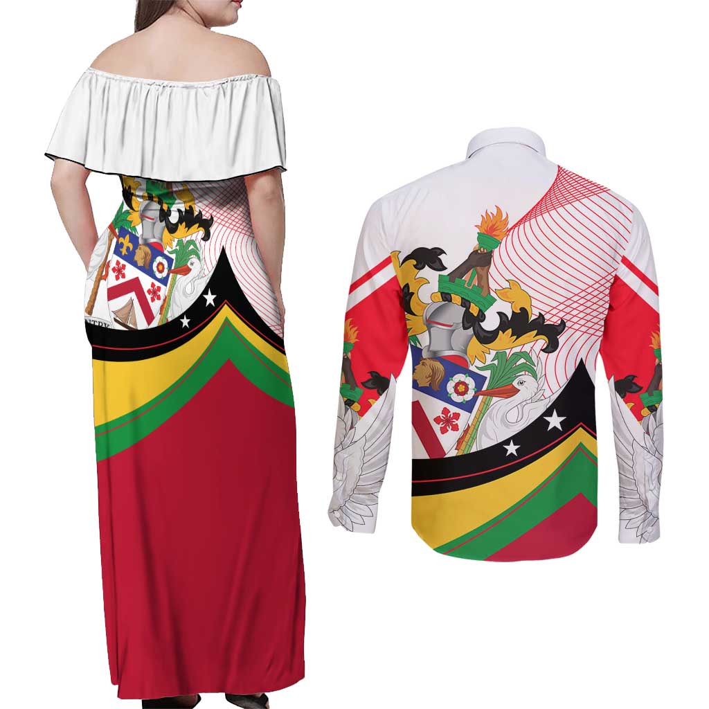 Saint Kitts and Nevis Couples Matching Off Shoulder Maxi Dress and Long Sleeve Button Shirt with Vibrant Flag Colors and Hibiscus Flower Design - Wonder Print Shop