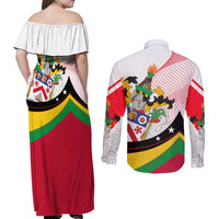 Saint Kitts and Nevis Couples Matching Off Shoulder Maxi Dress and Long Sleeve Button Shirt with Vibrant Flag Colors and Hibiscus Flower Design - Wonder Print Shop