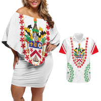 Saint Kitts and Nevis Couples Matching Off Shoulder Short Dress and Hawaiian Shirt with Vibrant Flag Colors and Hibiscus Flower Design - Wonder Print Shop