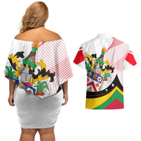 Saint Kitts and Nevis Couples Matching Off Shoulder Short Dress and Hawaiian Shirt with Vibrant Flag Colors and Hibiscus Flower Design - Wonder Print Shop