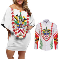 Saint Kitts and Nevis Couples Matching Off Shoulder Short Dress and Long Sleeve Button Shirt with Vibrant Flag Colors and Hibiscus Flower Design - Wonder Print Shop