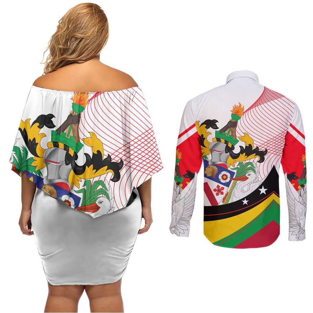 Saint Kitts and Nevis Couples Matching Off Shoulder Short Dress and Long Sleeve Button Shirt with Vibrant Flag Colors and Hibiscus Flower Design - Wonder Print Shop