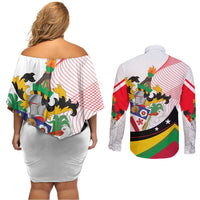 Saint Kitts and Nevis Couples Matching Off Shoulder Short Dress and Long Sleeve Button Shirt with Vibrant Flag Colors and Hibiscus Flower Design - Wonder Print Shop
