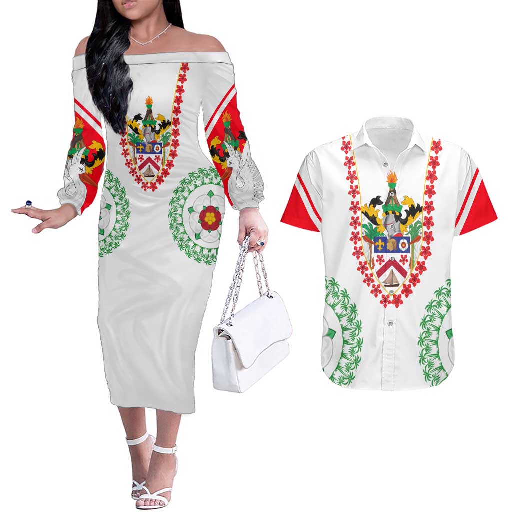Saint Kitts and Nevis Couples Matching Off The Shoulder Long Sleeve Dress and Hawaiian Shirt with Vibrant Flag Colors and Hibiscus Flower Design - Wonder Print Shop