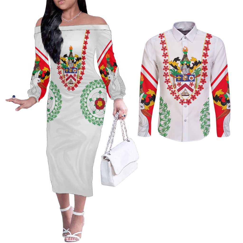 Saint Kitts and Nevis Couples Matching Off The Shoulder Long Sleeve Dress and Long Sleeve Button Shirt with Vibrant Flag Colors and Hibiscus Flower Design - Wonder Print Shop