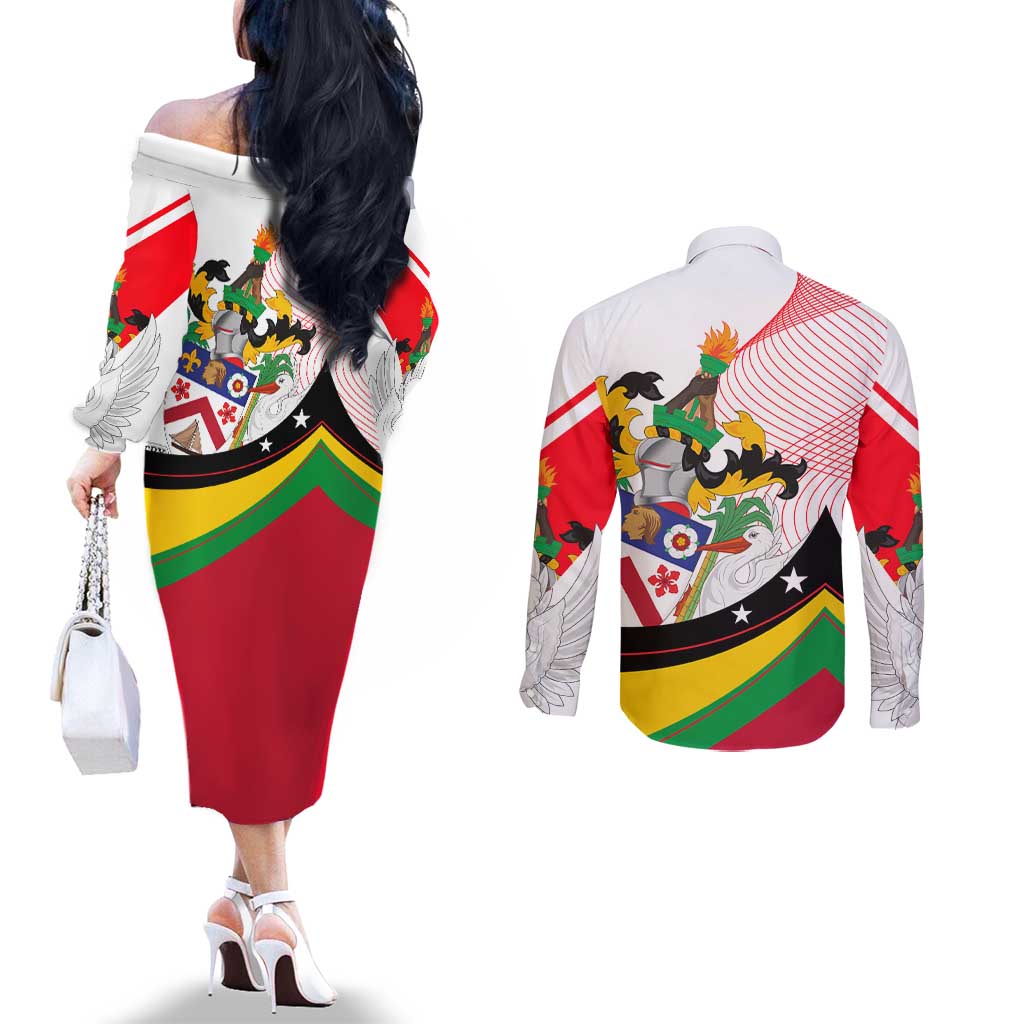 Saint Kitts and Nevis Couples Matching Off The Shoulder Long Sleeve Dress and Long Sleeve Button Shirt with Vibrant Flag Colors and Hibiscus Flower Design - Wonder Print Shop
