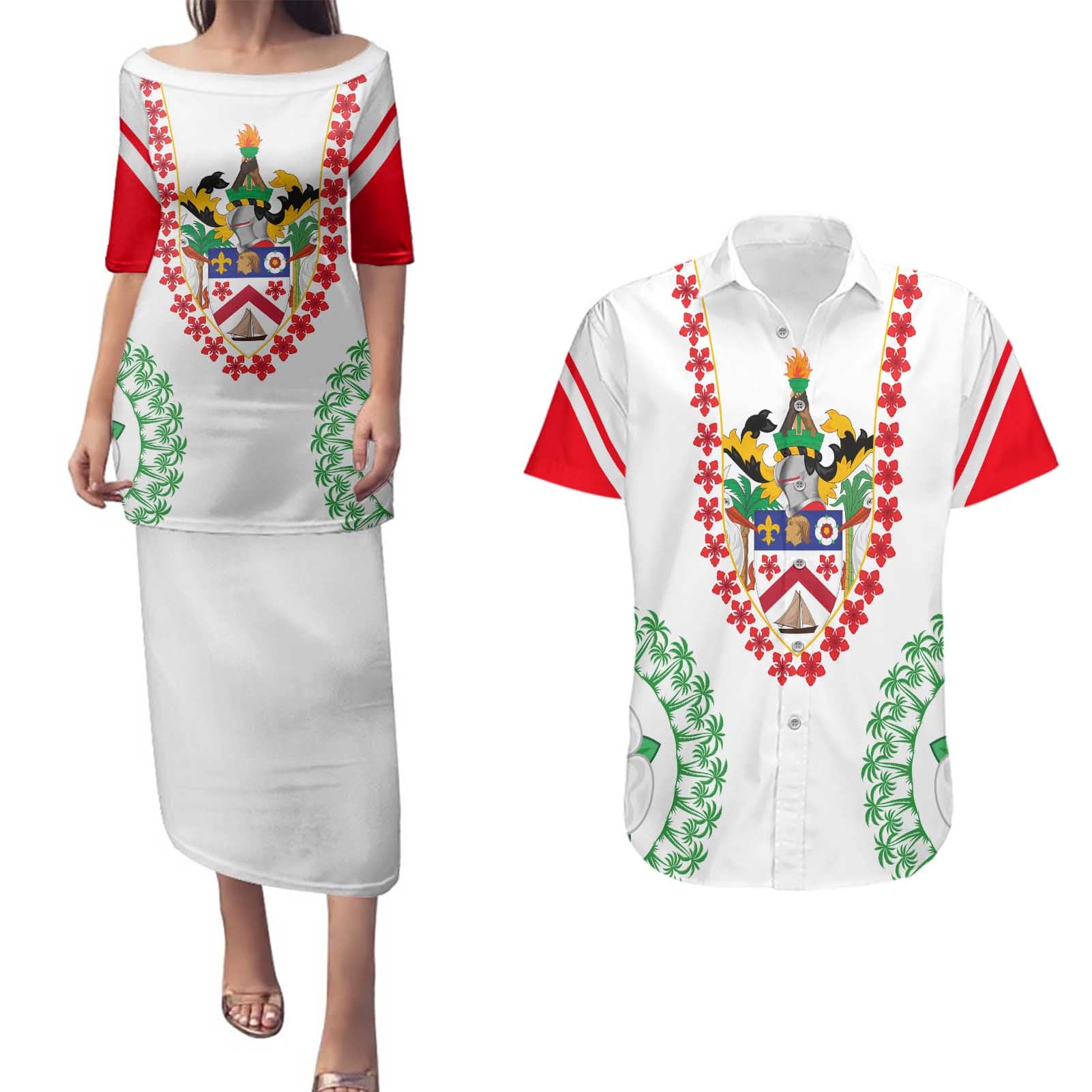 Saint Kitts and Nevis Couples Matching Puletasi and Hawaiian Shirt with Vibrant Flag Colors and Hibiscus Flower Design - Wonder Print Shop