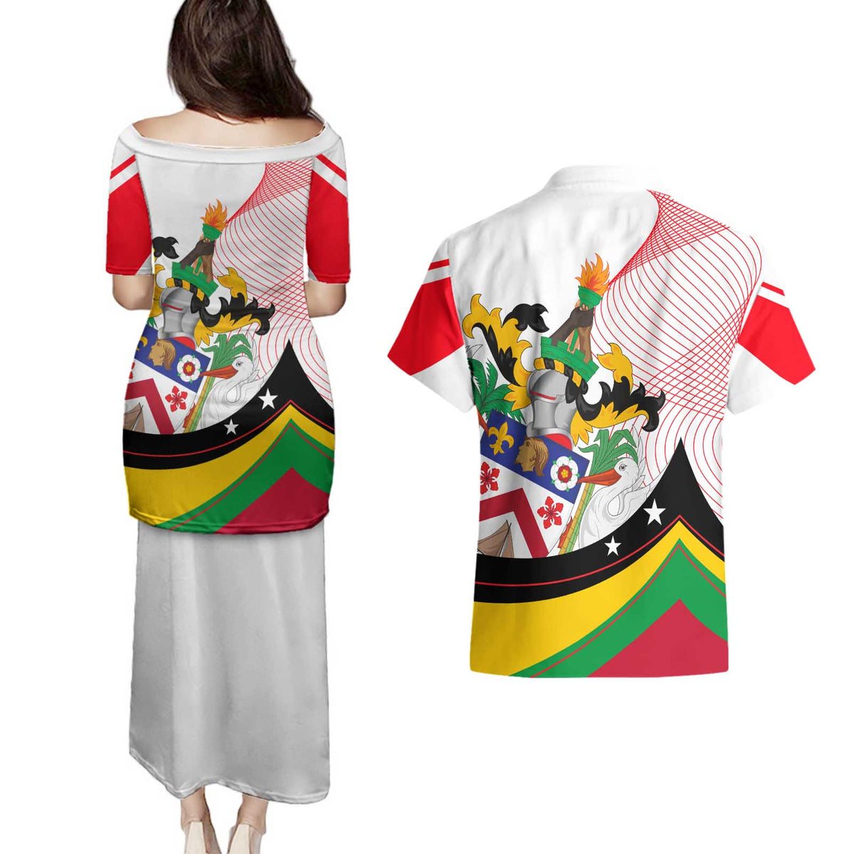 Saint Kitts and Nevis Couples Matching Puletasi and Hawaiian Shirt with Vibrant Flag Colors and Hibiscus Flower Design - Wonder Print Shop