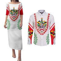 Saint Kitts and Nevis Couples Matching Puletasi and Long Sleeve Button Shirt with Vibrant Flag Colors and Hibiscus Flower Design - Wonder Print Shop