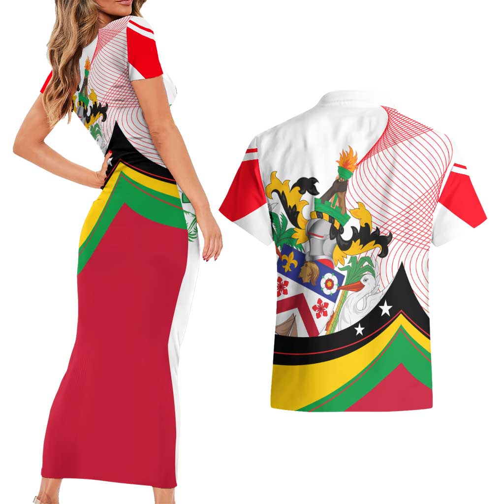 Saint Kitts and Nevis Couples Matching Short Sleeve Bodycon Dress and Hawaiian Shirt with Vibrant Flag Colors and Hibiscus Flower Design - Wonder Print Shop