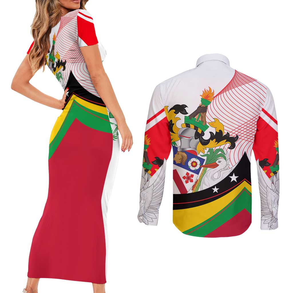 Saint Kitts and Nevis Couples Matching Short Sleeve Bodycon Dress and Long Sleeve Button Shirt with Vibrant Flag Colors and Hibiscus Flower Design - Wonder Print Shop