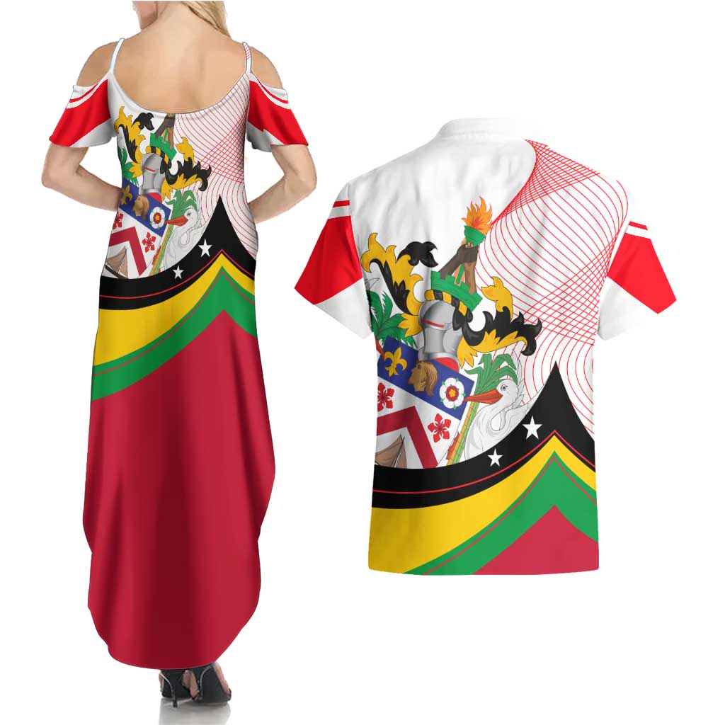 Saint Kitts and Nevis Couples Matching Summer Maxi Dress and Hawaiian Shirt with Vibrant Flag Colors and Hibiscus Flower Design - Wonder Print Shop