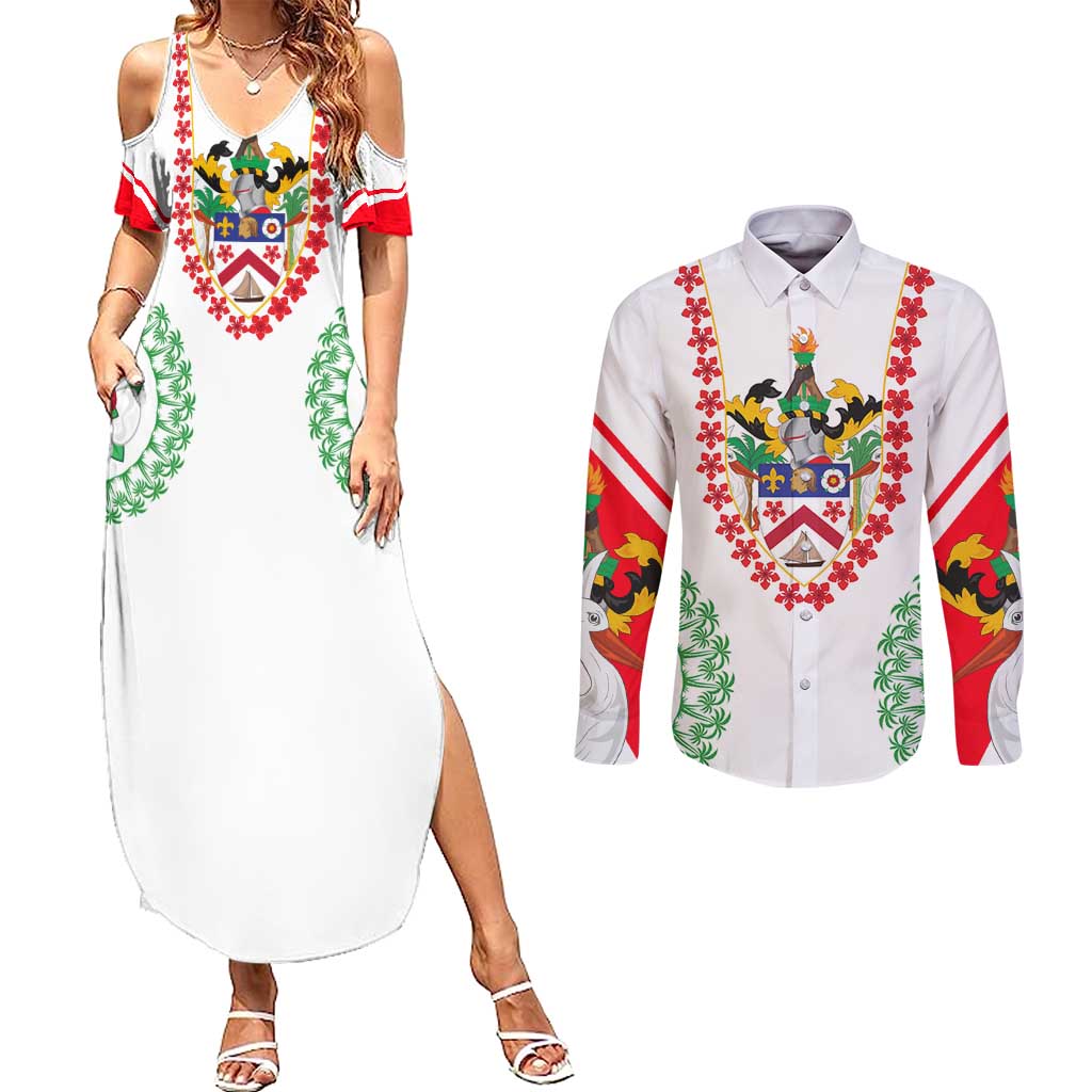 Saint Kitts and Nevis Couples Matching Summer Maxi Dress and Long Sleeve Button Shirt with Vibrant Flag Colors and Hibiscus Flower Design - Wonder Print Shop