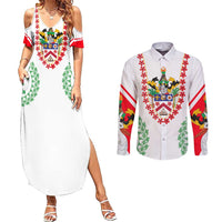 Saint Kitts and Nevis Couples Matching Summer Maxi Dress and Long Sleeve Button Shirt with Vibrant Flag Colors and Hibiscus Flower Design - Wonder Print Shop