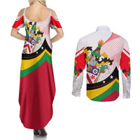 Saint Kitts and Nevis Couples Matching Summer Maxi Dress and Long Sleeve Button Shirt with Vibrant Flag Colors and Hibiscus Flower Design - Wonder Print Shop