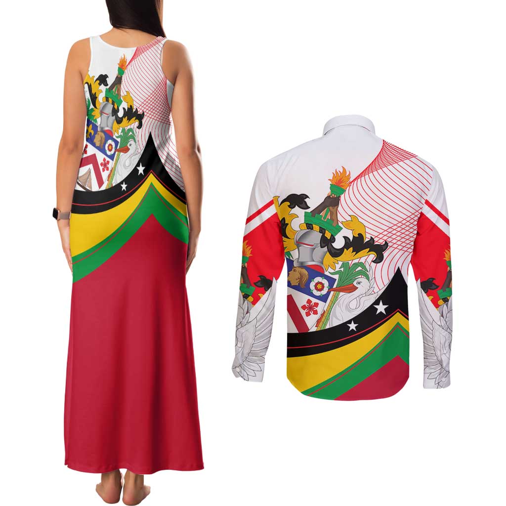 Saint Kitts and Nevis Couples Matching Tank Maxi Dress and Long Sleeve Button Shirt with Vibrant Flag Colors and Hibiscus Flower Design - Wonder Print Shop