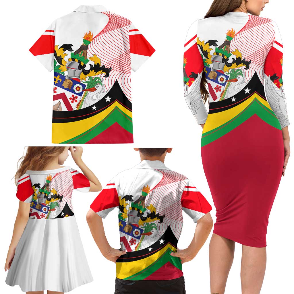 Saint Kitts and Nevis Family Matching Long Sleeve Bodycon Dress and Hawaiian Shirt with Vibrant Flag Colors and Hibiscus Flower Design - Wonder Print Shop