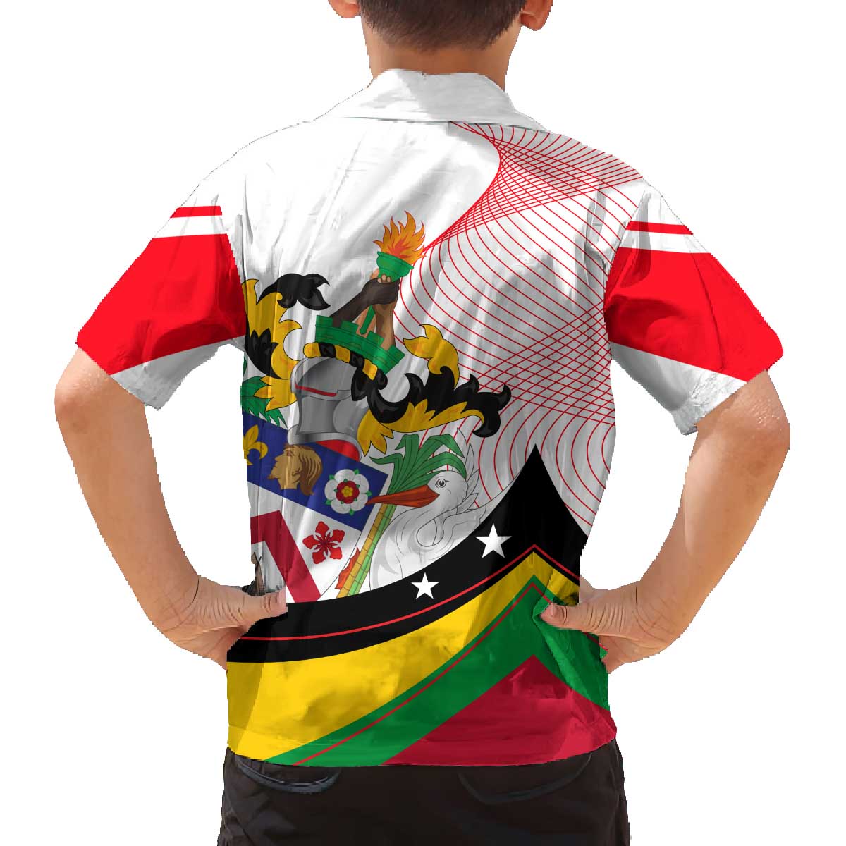 Saint Kitts and Nevis Family Matching Off The Shoulder Long Sleeve Dress and Hawaiian Shirt with Vibrant Flag Colors and Hibiscus Flower Design - Wonder Print Shop